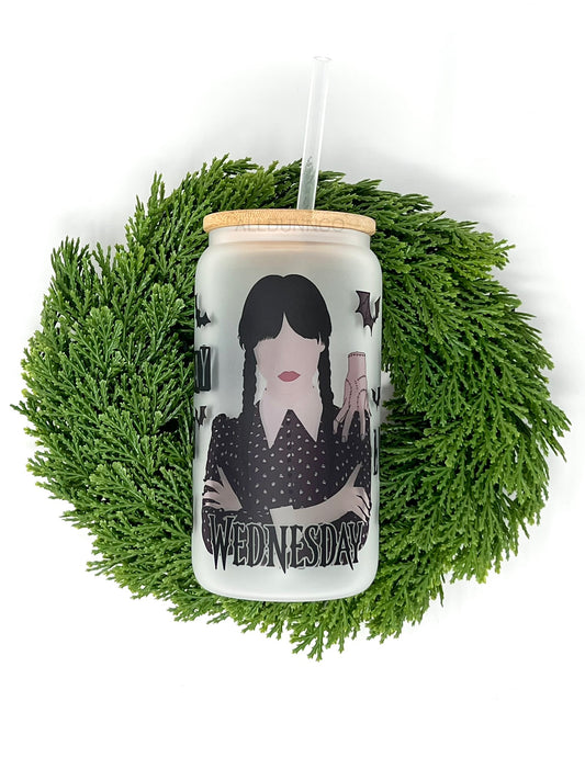 Wednesday Sublimation Libbey Glass Can | 18oz Wednesday Frosted Glass Cup