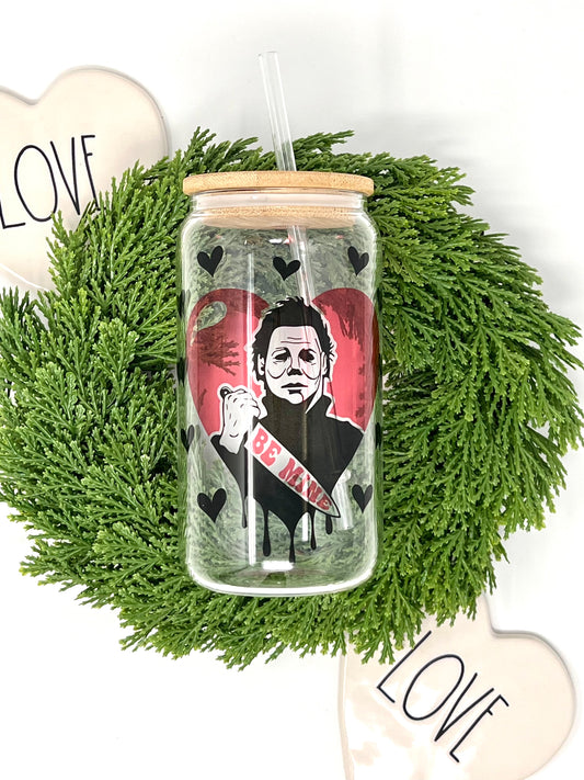 Michael Myers BE MINE Valentine's Day Libbey Glass Can / Glass Cup