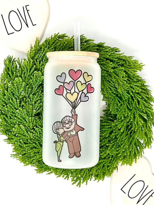 Carl And Ellie Valentine's Day Sublimation Libbey Glass Can | 18oz Up Frosted Glass Cup With Carl and Ellie